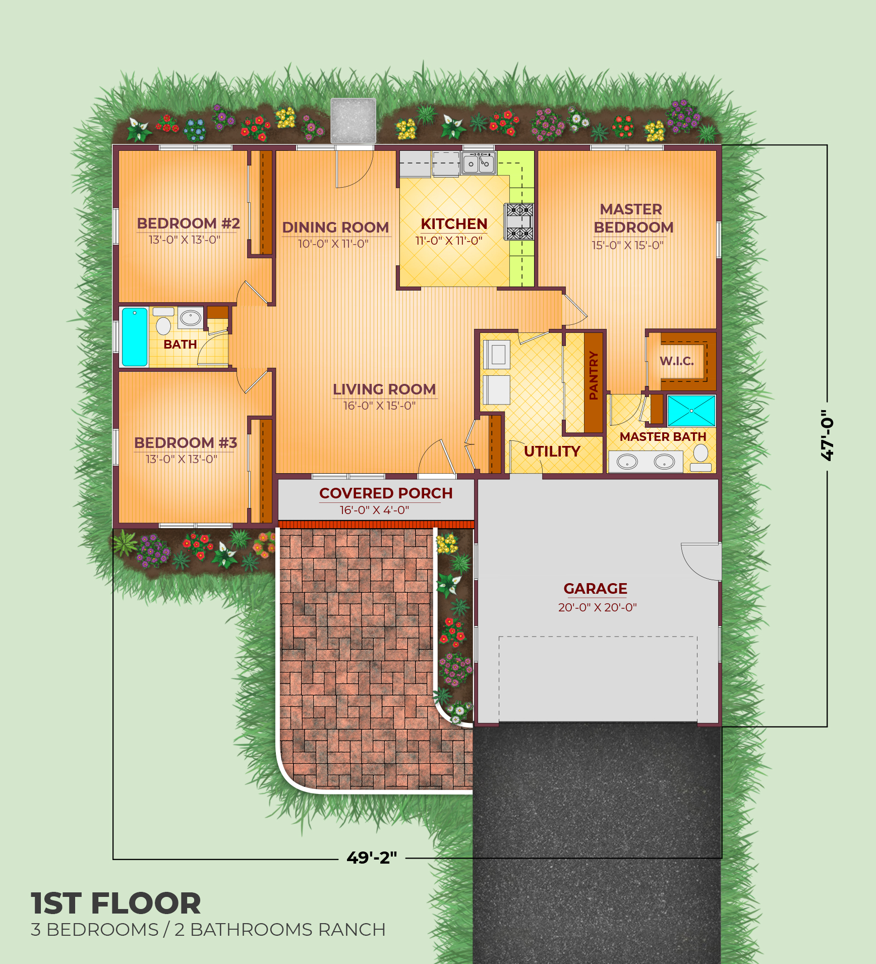 Free Home Plans - New Line Home Design Plan # 837 - 3 Bedroom, 2 Bath,  1380/Sqft Ranch, image size:1737x1911